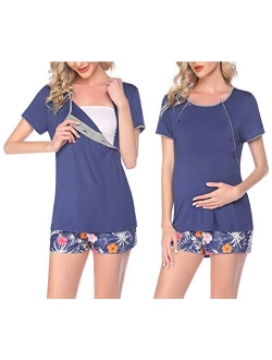 Maternity Nursing Pajamas Sleepwear Set Shorts Striped for Hospital Home