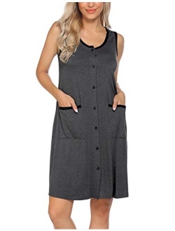 Nightgown Womens Scoop Neck Nightshirt Sleeveless Sleepwear Button Down Sleep Shirts with Pockets S-XXL