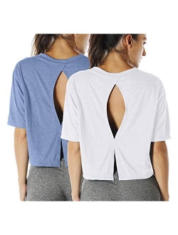 icyzone Open Back Workout Top Shirts - Yoga t-Shirts Activewear Exercise Crop Tops for Women(Pack of 2)