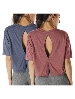 icyzone Open Back Workout Top Shirts - Yoga t-Shirts Activewear Exercise Crop Tops for Women(Pack of 2)