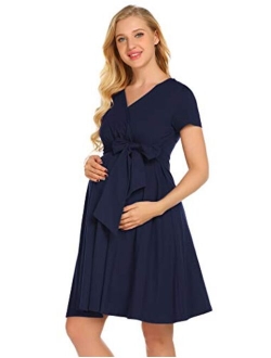 Maternity Nursing Dress Tie Front Pregnancy Gown for Baby Shower or Casual Wear