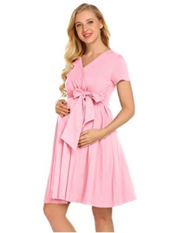 Maternity Nursing Dress Tie Front Pregnancy Gown for Baby Shower or Casual Wear