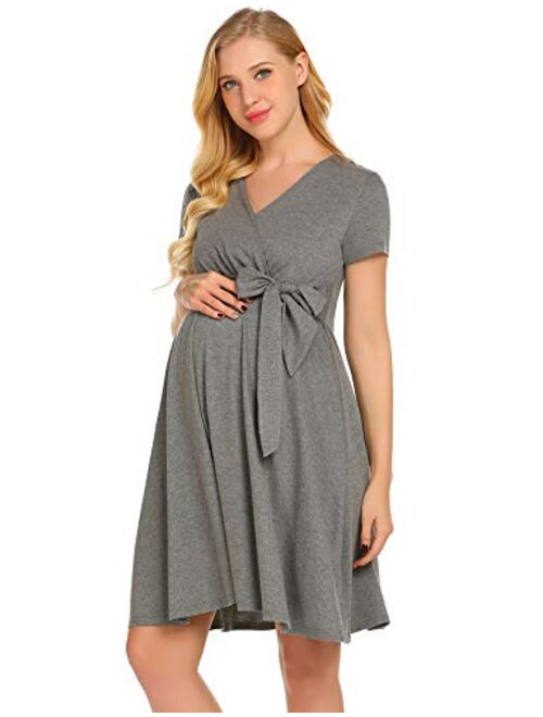 Ekouaer Maternity Nursing Dress Tie Front Pregnancy Gown for Baby Shower or Casual Wear