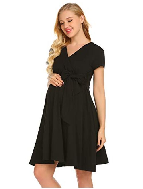 Ekouaer Maternity Nursing Dress Tie Front Pregnancy Gown for Baby Shower or Casual Wear