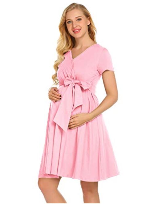 Ekouaer Maternity Nursing Dress Tie Front Pregnancy Gown for Baby Shower or Casual Wear