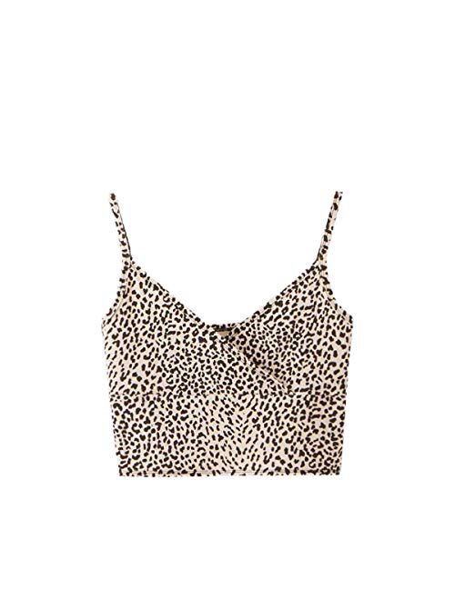 SweatyRocks Women's Casual Leopard Print Warp Surplice Front Spaghetti Strap Cami Top