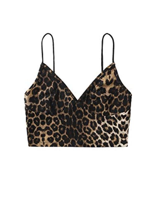 SweatyRocks Women's Casual Leopard Print Warp Surplice Front Spaghetti Strap Cami Top