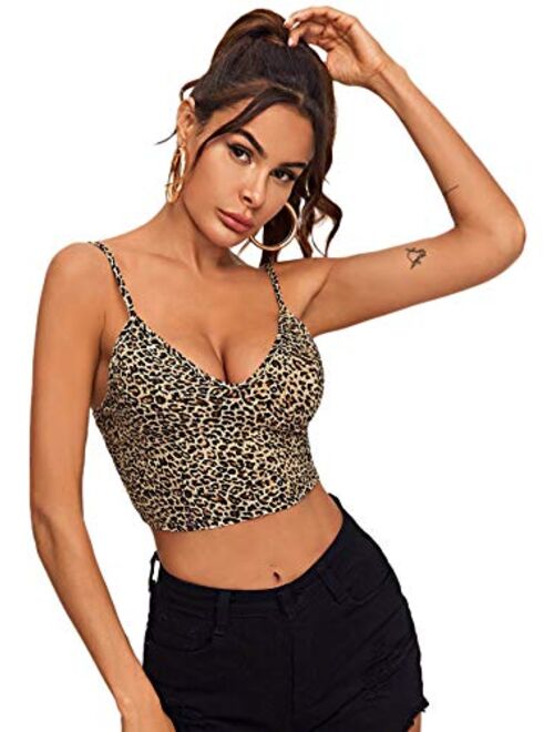 SweatyRocks Women's Casual Leopard Print Warp Surplice Front Spaghetti Strap Cami Top