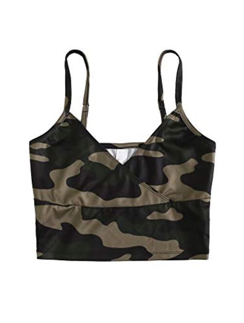 SweatyRocks Women's Casual Leopard Print Warp Surplice Front Spaghetti Strap Cami Top