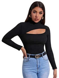 Women's Elegant Cutout Rib Knit Top Slim Fit Long Sleeve Pullover T-Shirt