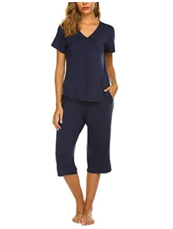 Pajamas Set Short Sleeve Sleepwear Womens Button Up Top and Capri Pajama PJ Set S-XXL