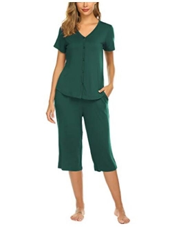 Pajamas Set Short Sleeve Sleepwear Womens Button Up Top and Capri Pajama PJ Set S-XXL