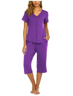 Pajamas Set Short Sleeve Sleepwear Womens Button Up Top and Capri Pajama PJ Set S-XXL