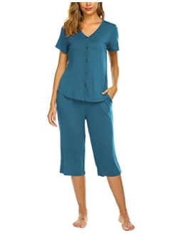 Pajamas Set Short Sleeve Sleepwear Womens Button Up Top and Capri Pajama PJ Set S-XXL