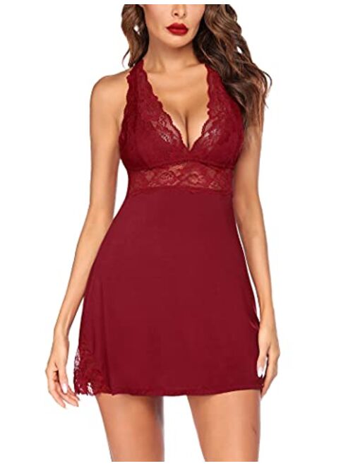 Ekouaer Women Chemise Lingerie Sexy Lace Babydoll V Neck Nightgown Sleepwear