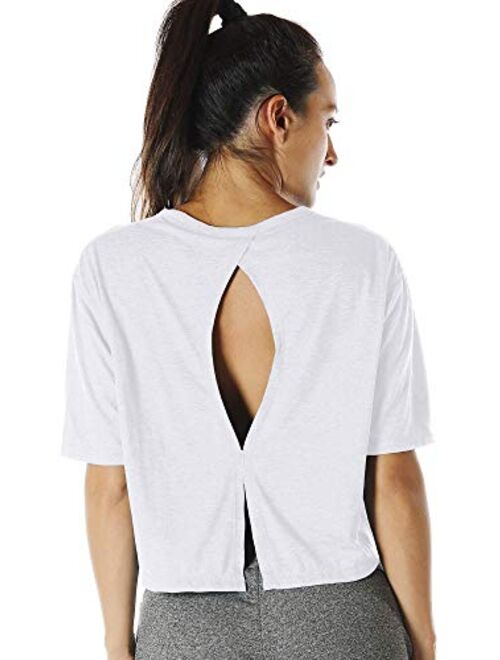 icyzone Open Back Workout Top Shirts - Yoga t-Shirts Activewear Exercise Crop Tops for Women