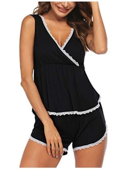 Womens Pajamas Set Sleeveless Sleepwear V Neck Nightwear Soft Pj Lounge Sets S-XXL