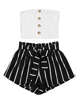 Women's 2 Piece Outfit Casual Button Front Bandeau Crop Top and Belted Shorts Set