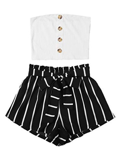 SweatyRocks Women's 2 Piece Outfit Casual Button Front Bandeau Crop Top and Belted Shorts Set