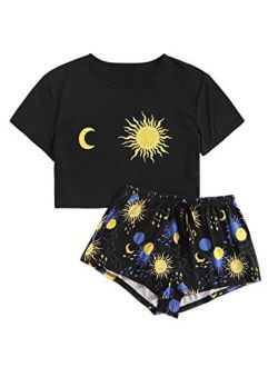 Women's Cute Graphic Print Short Sleeve Crop Top with Shorts Pajama Set