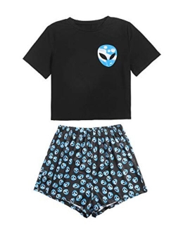 Women's Cute Graphic Print Short Sleeve Crop Top with Shorts Pajama Set