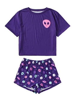 Women's Cute Graphic Print Short Sleeve Crop Top with Shorts Pajama Set