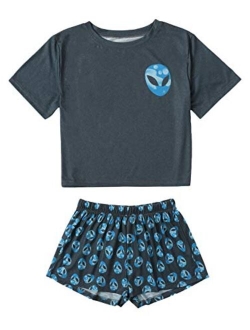 Women's Cute Graphic Print Short Sleeve Crop Top with Shorts Pajama Set