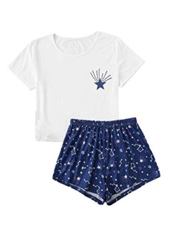 Women's Cute Graphic Print Short Sleeve Crop Top with Shorts Pajama Set