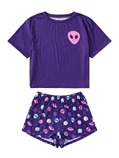 SweatyRocks Women's Cute Graphic Print Short Sleeve Crop Top with Shorts Pajama Set