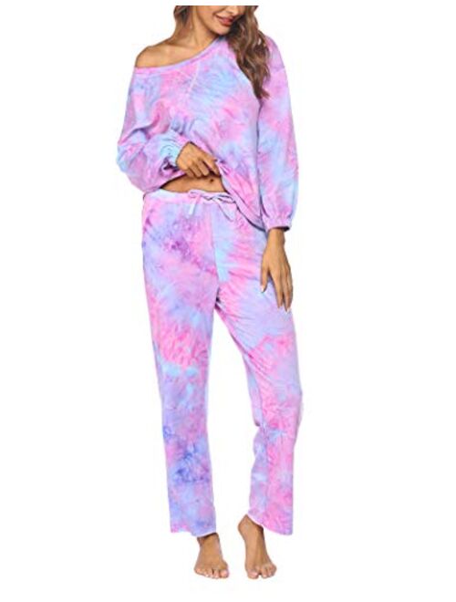 Ekouaer Tie Dye Pajamas Set Womens Loungewear Sleepwear 2 Piece PJ Sets