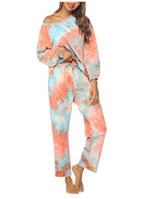 Ekouaer Tie Dye Pajamas Set Womens Loungewear Sleepwear 2 Piece PJ Sets