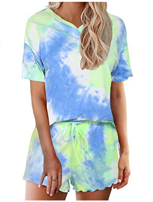 Ekouaer Tie Dye Pajamas Set Womens Loungewear Sleepwear 2 Piece PJ Sets