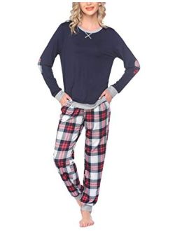 Women's Pajamas Sets Long Sleeve with Plaid Pants Soft Sleepwear O Neck 2 Piece Pjs Joggers Loung Set with Pockets