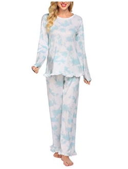 Women's Pajamas Sets Long Sleeve with Plaid Pants Soft Sleepwear O Neck 2 Piece Pjs Joggers Loung Set with Pockets