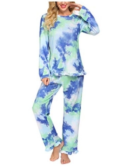 Women's Pajamas Sets Long Sleeve with Plaid Pants Soft Sleepwear O Neck 2 Piece Pjs Joggers Loung Set with Pockets