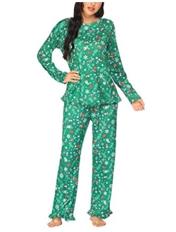 Women's Pajamas Sets Long Sleeve with Plaid Pants Soft Sleepwear O Neck 2 Piece Pjs Joggers Loung Set with Pockets