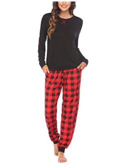 Women's Pajamas Sets Long Sleeve with Plaid Pants Soft Sleepwear O Neck 2 Piece Pjs Joggers Loung Set with Pockets