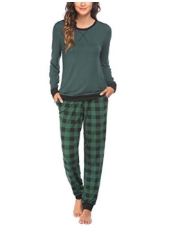 Women's Pajamas Sets Long Sleeve with Plaid Pants Soft Sleepwear O Neck 2 Piece Pjs Joggers Loung Set with Pockets