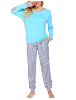 Women's Pajamas Sets Long Sleeve with Plaid Pants Soft Sleepwear O Neck 2 Piece Pjs Joggers Loung Set with Pockets