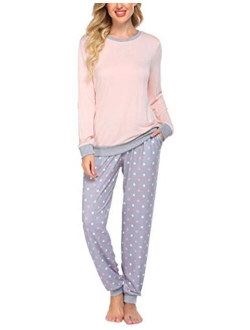 Women's Pajamas Sets Long Sleeve with Plaid Pants Soft Sleepwear O Neck 2 Piece Pjs Joggers Loung Set with Pockets