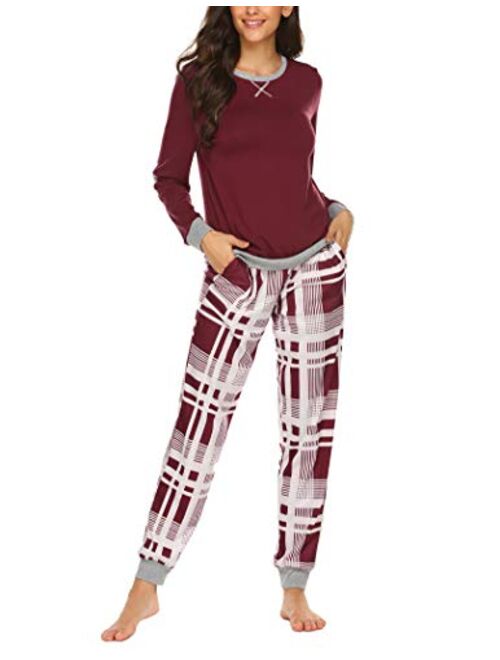 Ekouaer Women's Pajamas Sets Long Sleeve with Plaid Pants Soft Sleepwear O Neck 2 Piece Pjs Joggers Loung Set with Pockets