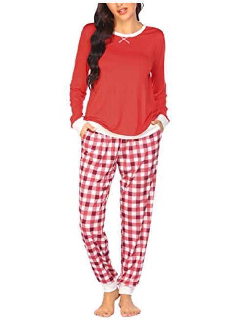 Ekouaer Women's Pajamas Sets Long Sleeve with Plaid Pants Soft Sleepwear O Neck 2 Piece Pjs Joggers Loung Set with Pockets