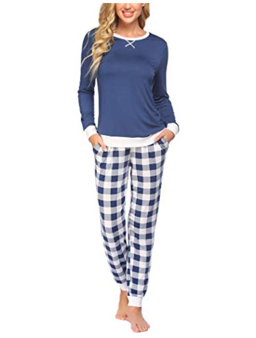 Ekouaer Women's Pajamas Sets Long Sleeve with Plaid Pants Soft Sleepwear O Neck 2 Piece Pjs Joggers Loung Set with Pockets