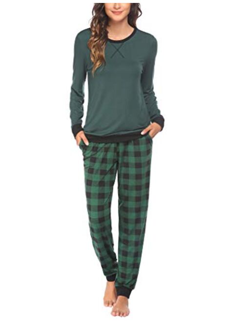 Ekouaer Women's Pajamas Sets Long Sleeve with Plaid Pants Soft Sleepwear O Neck 2 Piece Pjs Joggers Loung Set with Pockets