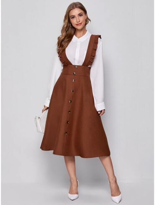 Shein Wide Waistband Button Front Ruffle Suspender Dress