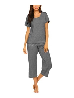 Women's Pajamas Set Soft V Neck Striped Sleepwear Top and Capri Pj Lounge Sets