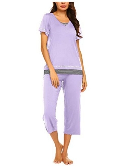 Women's Pajamas Set Soft V Neck Striped Sleepwear Top and Capri Pj Lounge Sets