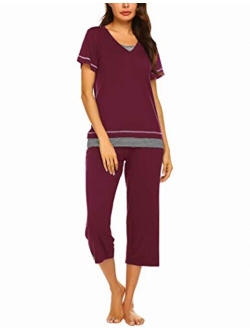 Women's Pajamas Set Soft V Neck Striped Sleepwear Top and Capri Pj Lounge Sets