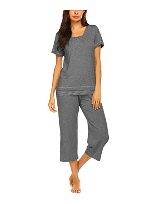 Ekouaer Women's Pajamas Set Soft V Neck Striped Sleepwear Top and Capri Pj Lounge Sets