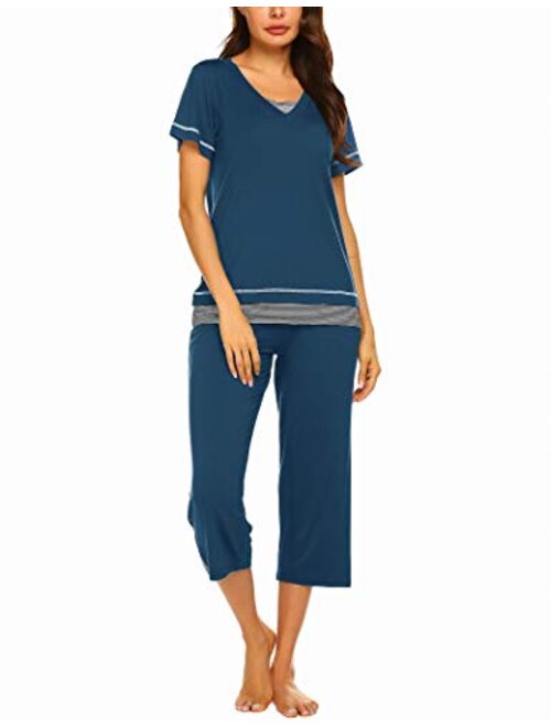 Ekouaer Women's Pajamas Set Soft V Neck Striped Sleepwear Top and Capri Pj Lounge Sets